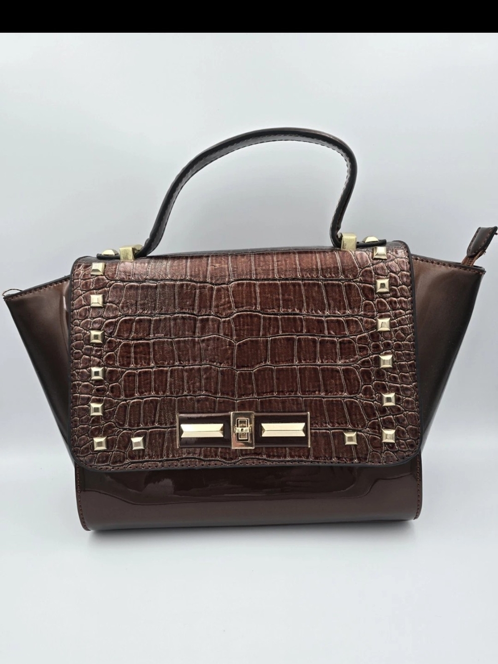 Brown Croc-Embossed Top-Handle Satchel with Gold Hardware